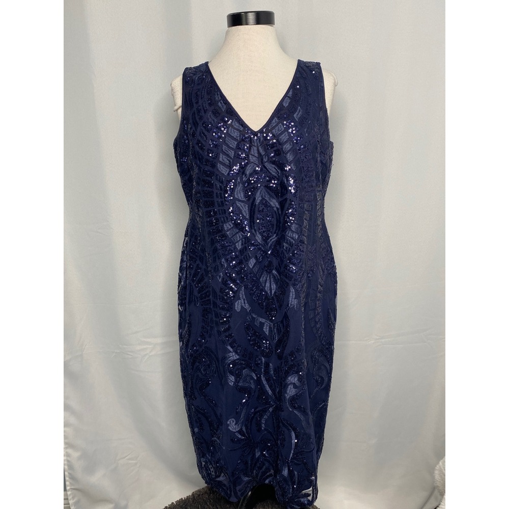 Nicole Miller New York Navy Blue Sequin Art Deco Cocktail Dress Sz 14 Sleeveless